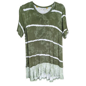 Logo Lori Goldstein L Shirt Tunic Green White Kangaroo Pockets Short Sleeve